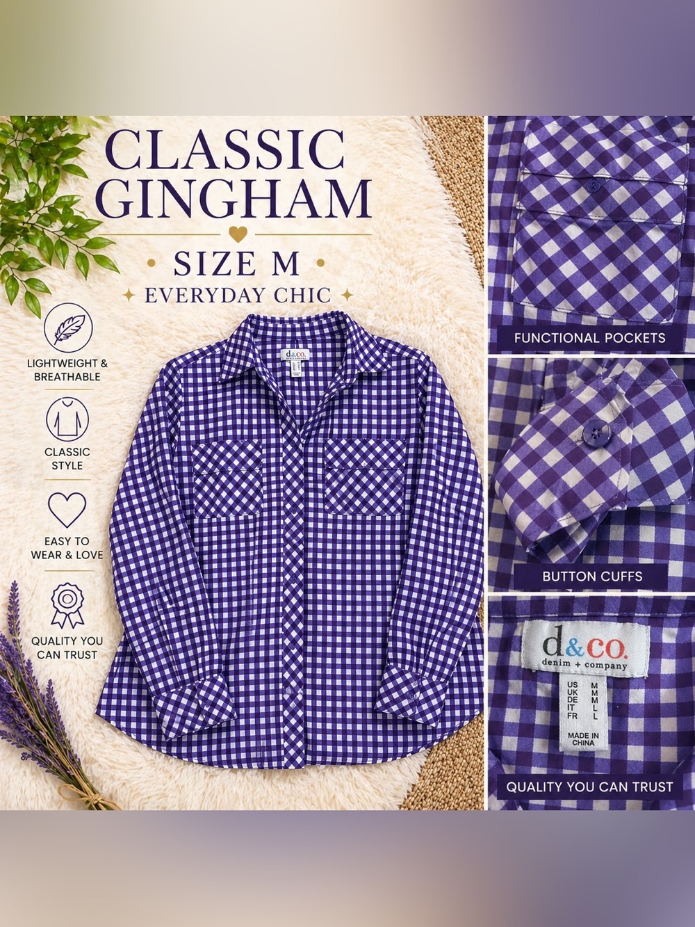 d&co Denim & Co Purple Gingham Button Down Shirt Womens M Classic Top